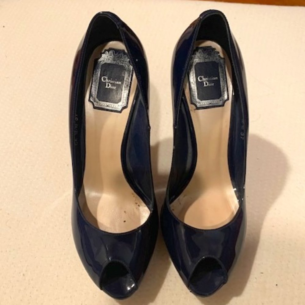 Christian Dior Navy Patent Leather Open Toe Heels size 37